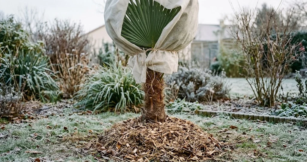palmier Trachycarpus protéger gel hiver avec palmes rassemblées, voile respirant et paillage