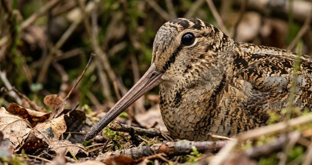 bécasse des bois yeux vision montrant les yeux placés en arrière de la tête et le long bec sensible dans un sous-bois.