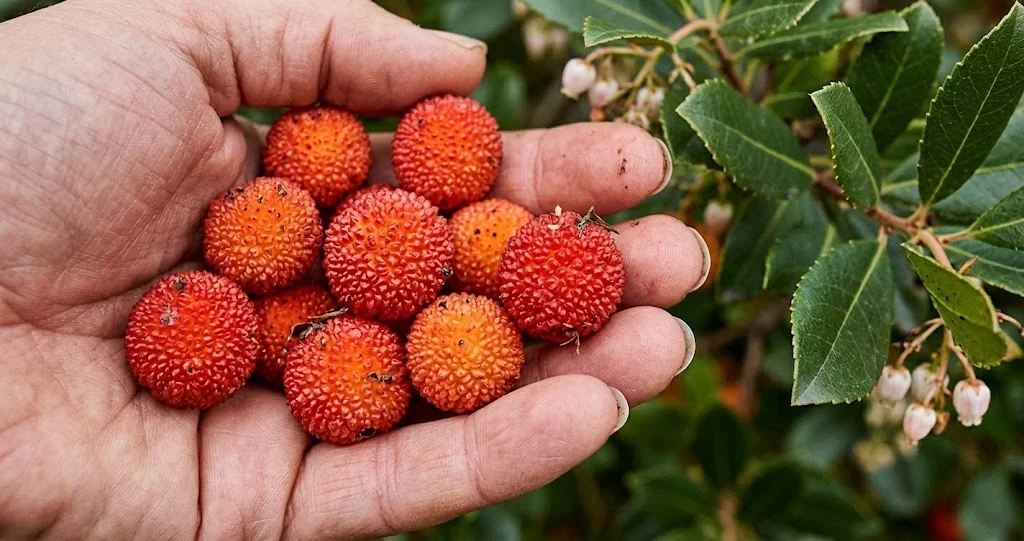 arbousier fruits floraison automne avec fleurs blanches et arbouses rouges mûres sur le même arbre