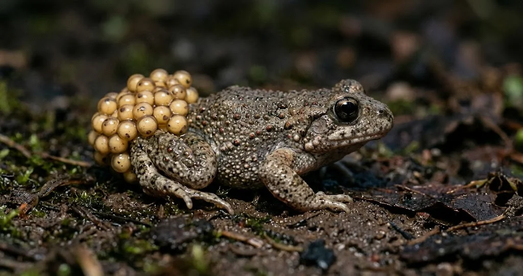 crapaud accoucheur mâle œufs enroulés autour des pattes arrière sur une pierre dans son habitat naturel