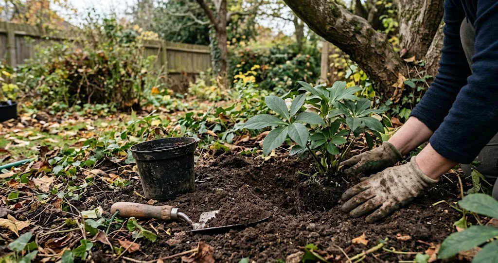planter hellébore automne dans un massif à mi-ombre avec une rose de Noël blanche et des hellébores d'Orient roses.